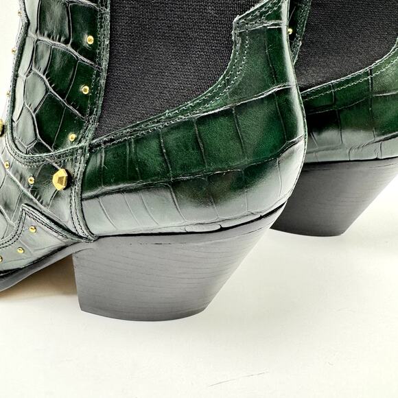 NEW Vince Camuto Norley Dark Green Crocodile Leather Gold Studded Ankle Booties - Picture 7 of 10